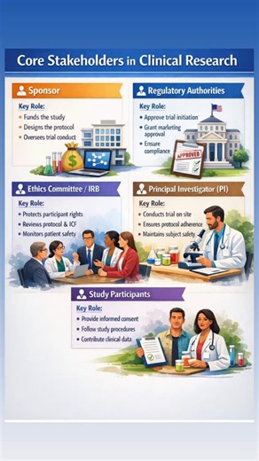 Clinical Research Hub on Instagram: "Core Stakeholders in Clinical Research A CRA 🤝 works closely with: • 💰 Sponsors – fund & oversee the study • 🏛️ Regulatory Authorities – approve trials & ensure compliance • 🛡️ Ethics Committee / IRB – protect participant rights & safety • 👩‍⚕️ Principal Investigator (PI) – conducts trial at site • 🧑‍🤝‍🧑 Study Participants – provide data & follow study procedures Every stakeholder plays a key role in bringing safe and effective medicines to patients! 