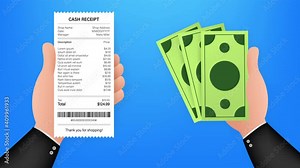 Receipt icon in a flat style isolated on a colored background. Invoice sign. Bill atm template or restaurant paper financial check.