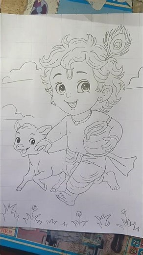 Bal Krishna Drawing Easy Step by Step 😍 | Cute Krishna with Cow | Grid Method Drawing ✏️🔥