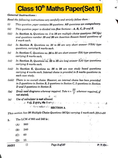 CBSE Class 10 Boards | Class 10th Maths Paper Set 1 - Comment ‘10th’ to Get Full Papers and Other Subjects Study Materials PDF! #Class10th #Class10 #Class10Maths... | Instagram