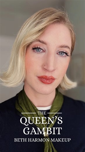 Esther Michaletz on Instagram: "The Queen’s Gambit-inspired makeup, aka 1950s - 60s makeup! Key elements of makeup during this time period were thick, winged eyeliner, pale eyeshadow and skin, and a red lip (although Beth’s are a more subtle terra cotta shade that’s so beautiful with her coppery hair). I loved this show so much and Anya Taylor-Joy is one of my favorite actresses so this was a really fun one!! The dark academia fashion, complex characters, and strong, intelligent female lead are 