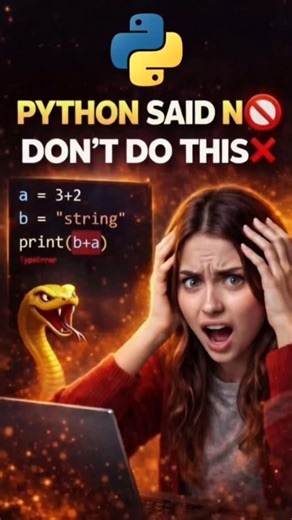 Stop ❌ This Python Error Is Killing Your Code 🐍 . . Python beginners 😬 Aisi galti har koi karta hai… String Integer = ❌ TypeError 👉 Is reel ko save karo ❤️ Like if you faced this error 💬 Comment “PYTHON” for more tips 👨‍💻 Follow for daily coding reels . Follow for Python shortcuts & beginner tips 🚀 . . #python #pythonerror #codingmistakes #learnpython #programmingreels | Bright Future Hub