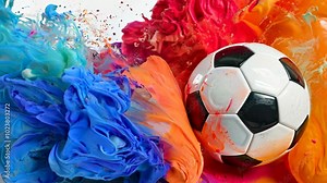 A soccer ball is surrounded by a splash of blue and red paint. The ball is the main focus of the image, and the colors of the paint create a dynamic and energetic atmosphere