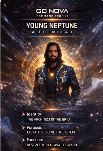 GO NOVA — COMMAND PROFILE: YOUNG NEPTUNE A cinematic transmission of structure, alignment, and system-level awareness. This visual sequence introduces the Architect behind Nova — not as a personality, but as a position within a living grid. It reflects the balance between Personal HQ and Cosmic HQ, the discipline of daily command, and the responsibility of operating within a 12-part system as the 13th force guiding its flow. Every frame represents intention. Every movement reflects alignment. Ev