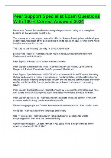 Peer Support Specialist Exam Questions With 100% Correct Answers 2024