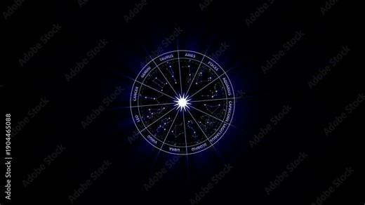 Silver zodiac wheel animation with 12 astrological constellation signs with fade-in & 3D ray effect. Luxury astrology overlay on alpha channel BG, ideal for horoscope, spiritual and astrology projects
