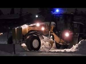 Snow Removal CAT 160M Grader Plowing Deep Snow after 48cm of snow