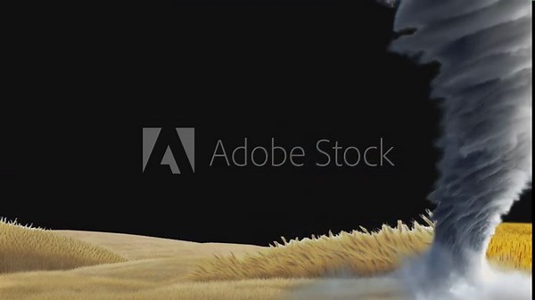 A huge powerful tornado passed through a yellow field and mowed down the entire crop. Concept of a natural disaster. Smooth animation on transparent background