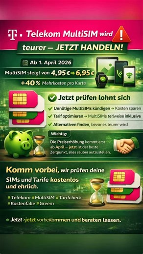 Telekom Partner, Zell an der Mosel on Instagram: "🚨 Telekom MultiSIM wird teurer – jetzt handeln 🚨 📅 Ab 1. April 2026 💸 MultiSIM steigt von 4,95 € auf 6,95 € 📈 +40 % Mehrkosten pro Karte 🔍 Jetzt prüfen lohnt sich • Unnötige MultiSIMs kündigen → Kosten sparen • Tarif optimieren → MultiSIMs teilweise inklusive • Alternativen finden, bevor es teurer wird ⏳ Wichtig: Die Preiserhöhung kommt erst ab April – jetzt ist der beste Zeitpunkt, alles sauber aufzustellen. 📍 Komm vorbei, wir prüfen dein