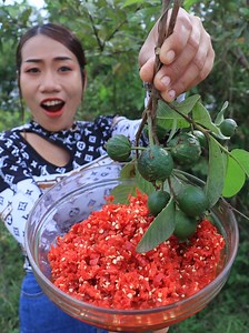 Wow eating young guava fruit and leaves with chili sauce | Primitive TV