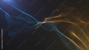 Abstract wave technology from particles. Curved wave. Big data visualization. Blue and gold gradient. Big data 3d rendering.4К