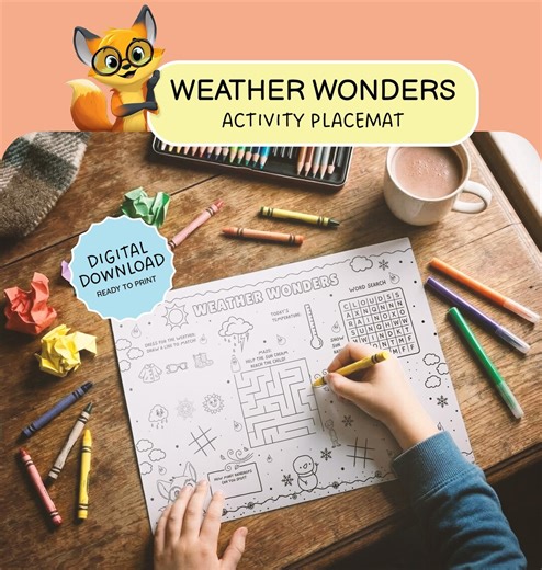 Activity Mat for Kids, Printable Weather Placemat, Word Search, Maze, Party Table Games, Instant Download - Etsy
