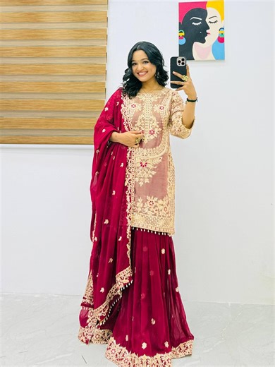 Designer Coding Embroidery Sharara Suit - Silk Kurta With Flared Fox Georgette - Etsy