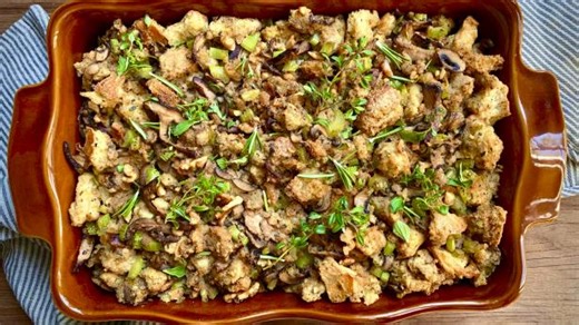 Vegan Sourdough Stuffing with Wild Mushrooms and Walnuts