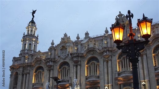 Historic architecture of the National Capitol Building and the Great Theater in the city of Havana Cuba
