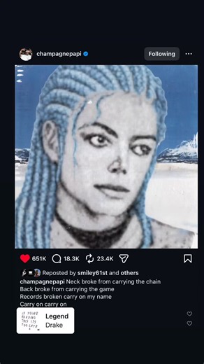 🚨 Drake Reacts To Making Music History After Passing Michael Jackson For Most #1 Hits On The Billboard Hot 100 👀🏆🗣️ “Neck broke from carrying the chain Back broke from carrying the game Records broken carry on my name Carry on carry on” Seems like Drake is reflecting on the pressure, expectations, and legacy that came with becoming one of the most dominant artists ever.🐐 Passing Michael Jackson in Billboard history is something very few thought was possible.📈 “Records broken carry on my na