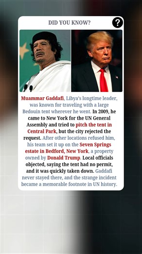 Muammar Gaddafi, Libya’s longtime leader, was known for traveling with a massive, traditional Bedouin tent wherever he went. In 2009, he arrived in New York for the UN General Assembly and initially tried to pitch the tent in Central Park, but the city immediately rejected the request. After other locations refused him, his team controversially set it up on the Seven Springs estate in Bedford, New York, a property owned by Donald Trump. Local officials quickly objected, citing a lack of proper p