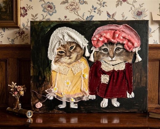 Mixed Media Cats Painting, Fabric Lace, Cottagecore Whimsical Art, Handmade (14x11in) - Etsy