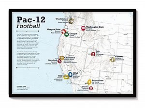 Framed College Football Stadium Map - Features Pac 12 Teams & Stadiums - Use as a Wall Map or Push Pin Map - Includes 35 Red Map Push Pins