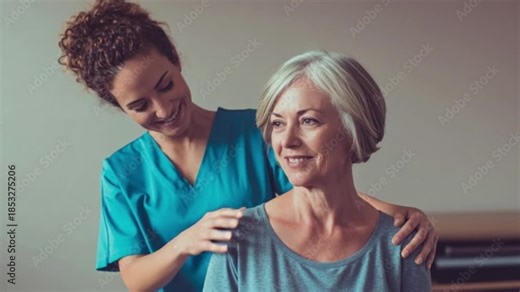 Nurse providing comfort and support to senior woman