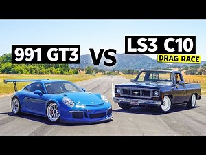 Porsche GT3 drag races “Boomhauer” the LS3 V8 Swapped Chevy C10