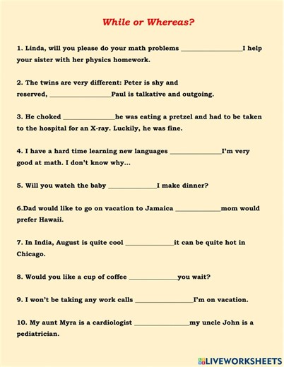 While or Whereas worksheet