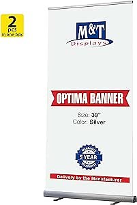 M&T Displays Optima Retractable Roll Up Banner Floor Standing 39.37x78.74 Inch Display Stand Silver Aluminum Profile with Durable Carrying Bag for Convention Conference Trade Show Office (2 pack)