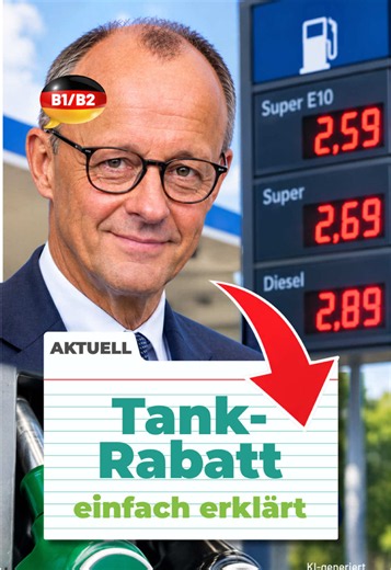 Teure Sprit-Preise⁉️ 💸⛽👇🏿 Die Regierung hat sich auf einen neuen Tank-Rabatt geeinigt. 🫱🏽‍🫲🏾 Denn die Sprit-Kosten sind in den vergangenen Wochen stark gestiegen. ↗️ 🤔🫵🏾 Was bedeutet das für dich? 🎞️ Schau das Video! #einfacherklärt 🇩🇪 ❓ Was sagst du zu der Maßnahme? Schreib deine Meinung gerne in die Kommentare. 💬 Quelle: Bundesregierung #merz #tankrabatt #einfacheSprache #deutschlernen