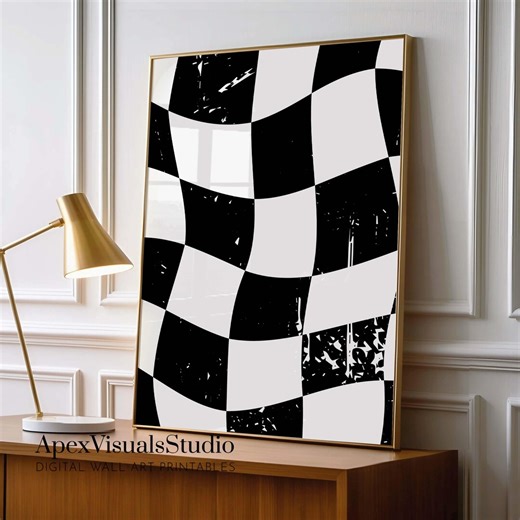 Black White Checkered Poster, Wavy Checkerboard Pattern Wall Art, Retro Minimal Geometric Decor, Modern Printable Wall Art Digital Download