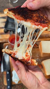 Hobo Pie Pizzas 🍕⛺️ Recipe: -Heat up your campfire pie irons for a few minutes to get them ready. -Assemble your pizza sandwiches by spreading pizza sauce onto one piece of bread (use sandwich bread, because they are usually squares like the pie irons) and then adding the following: Parmesan cheese Mozzarella or Wisconsin Brick cheese Pepperoni -Top with a blank piece of bread, then butter both sides of the pie irons, place the sandwich in and clamp it down. -Cook over direct heat for around 3 