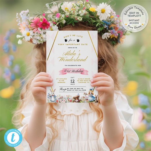 Alice’s Adventures | Wonderland Garden Tea Party 21st Birthday Invitation Template | Whimsical Kids Party Invite | Editable Digital Download - Etsy