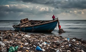Taking garbage out of the sea.