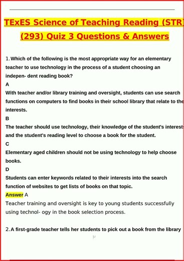 Texes Science Of Teaching Reading Str 293 Quiz 3 Exam Latest video
