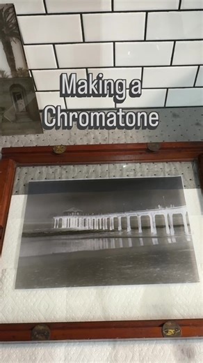 Making a Chromatone (What I’m calling it). Using Collodio-Chloride on glass and backing it with chrome paint I was able to make an image that has a very subtle reflective iridescent quality. A cross between an Orotone and a Opaltype. I wanted to use the untoned color of the Collodio_Chloride to add some warmth, plus gold is money! I’m hooked and will be doing some more. Digital negative from an 35mm film shot of the Manhattan Beach Pier. #analogphotography #filmphotography #shootfilm #alternativ