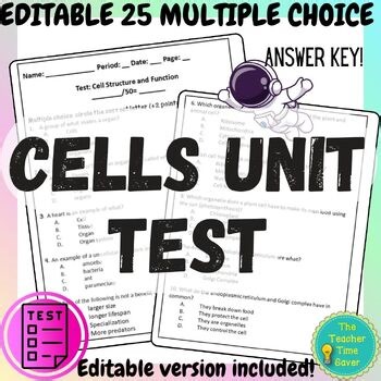 Cells Test Quiz Assessment | Life Science Cells Unit Life Science Printable