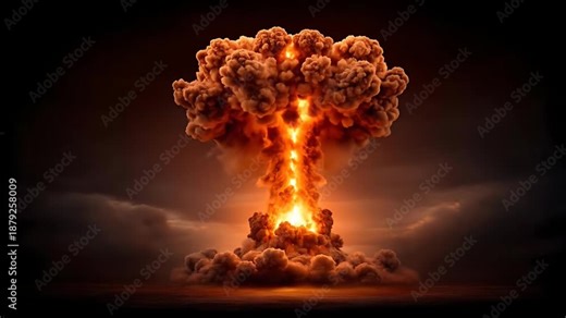 Mushroom cloud explosion viewed from a distance with intense fire and smoke rising