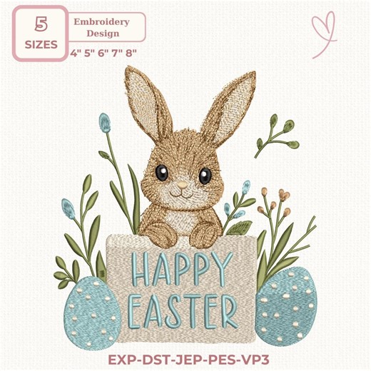 Happy Easter Embroidery Design, Cute Bunny With Eggs Pattern, Spring Machine Embroidery File, 5 Sizes, Instant Download - Etsy UK