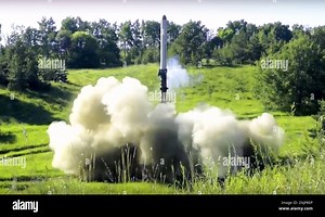 This handout photo taken from video released by the Russian Defense Ministry Press Service on Monday, July 18, 2022, shows the Russian military's Iskander-K missile launcher firing at an undisclosed location. (Russian Defense Ministry Press Service photo via AP Stock Photo - Alamy