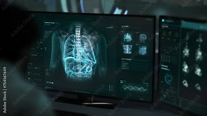 Doctor Check Data In Medical Interface To Diagnose Cardiac Ischemia Disease. Doctor Using High Tech Medical Interface To Analyze Heart Of Patient. Doctor At Hospital. Medical Examination Interface