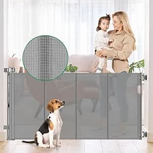 Reinforced 50" Wide Retractable Dog Gate for Stairs, Retractable Baby Gates with Support Rods - Bottom Anti-Escape, Indoor Long Baby Gate Outdoor Gates for Decks, Child Gates for Doorways/Patios, Gray