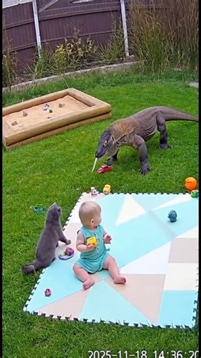 Cat Defends Baby from Komodo Dragon 😼🐉 | Unbelievable CCTV Backyard Moment #cat #baby #cctv #danger #viral #Dragon #attack #reels | Brave Cam Moments