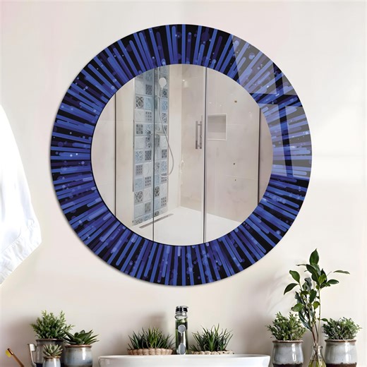 Abstract Strips Blue Round Tempered Glass Wall Mirror - Etsy
