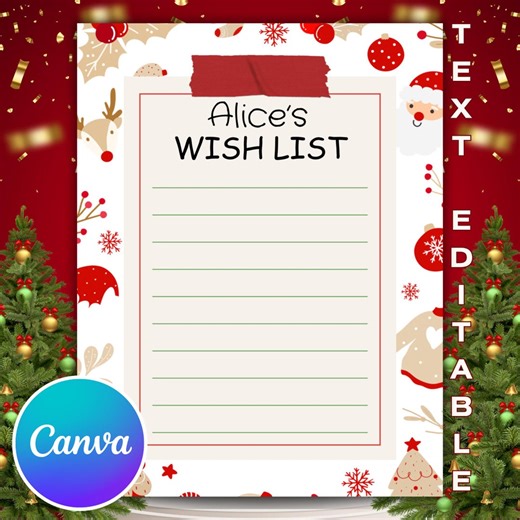 Editable Christmas Wish List Printable, DIY Kids Holiday Wishlist, Festive Christmas Template - Etsy