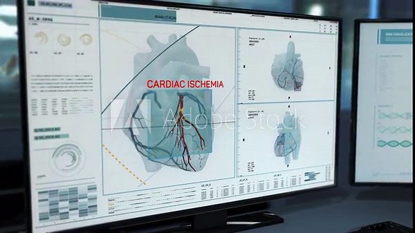Cardiology Diagnostic Program Scans Heart Vessels To Find Disease Cause. Cardiology Diagnostic Tech. Medical X-Ray Scan Diagnosing Cardiac Ischemia. Cardiology Diagnostic Scan By Healthcare Software Stock Video