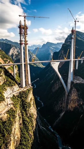 The construction process of a suspension bridge spanning between two towering mountains.