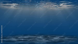 Underwater light coming through the deep clear blue water. Seamless ocean surface 4K animation. Looped water lighting reflections consisting of sunlight. Underwater footage with sun rays.