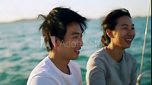 Two young men laughing on a boat, waves visible, bright daylight, slightly blurred