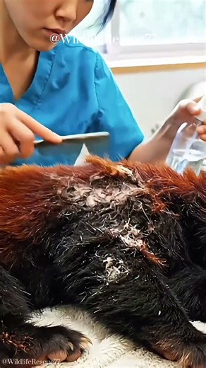 Specialist Gently Detangles Matted Fur on Endangered Red Panda #wildlife #rehabilitation