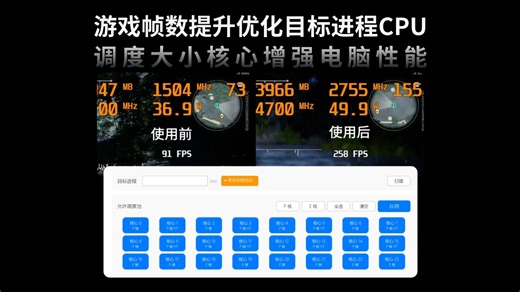 开发者太狠了！电脑游戏帧率从70帧率提升至160，精准优化目标进程 CPU 调度，主核心/大小核心单独强化，专治掉帧、卡顿，游戏性能直接拉满