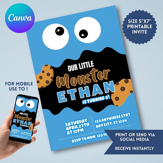 Editable Cookie Monster Birthday Invitation: Sesame Street Party (5x7 Digital Template) - Etsy